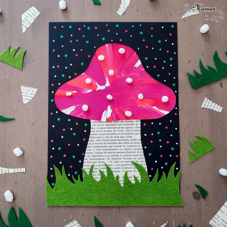 Activité créative et manuelle enfants - Champignons avec essoreuse à salade (encre et peinture) - Pied en pages de livre - Herbe en feutrine - Playmais flocons de mais - Découpage, collage, graphisme, points - Inspiration DIY - Bricolage facile pour l'automne - Décoration - Alimentation et forêt - Créativité - arts visuels et atelier maternelle et élémentaire - Cycle 1 ou 2 - mslf