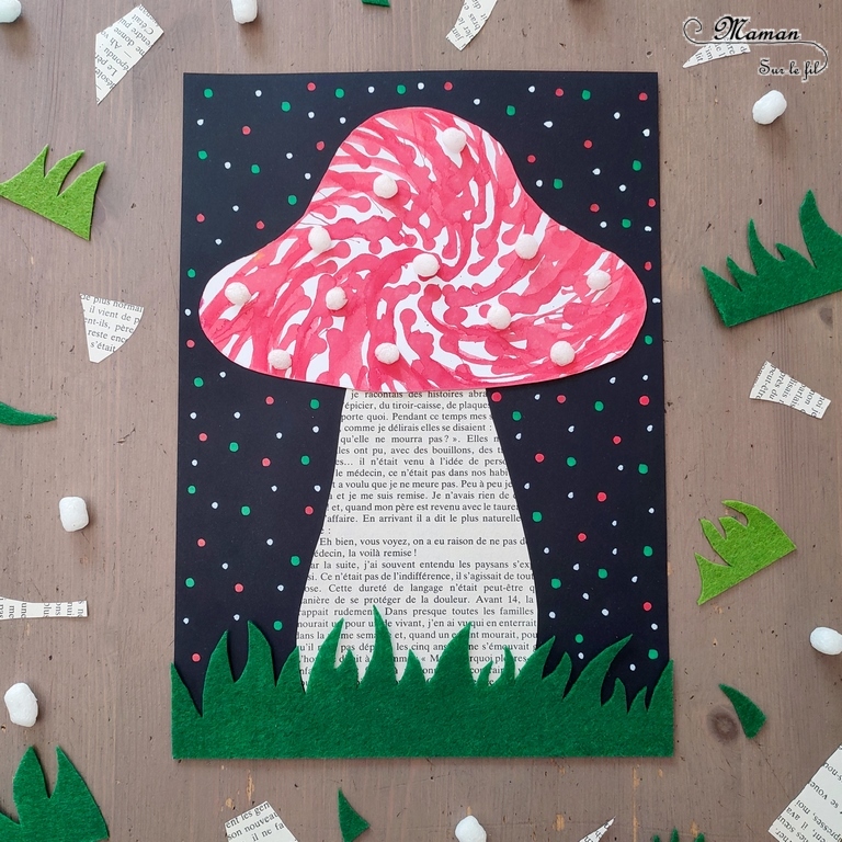 Activité créative et manuelle enfants - Champignons avec essoreuse à salade (encre et peinture) - Pied en pages de livre - Herbe en feutrine - Playmais flocons de mais - Découpage, collage, graphisme, points - Inspiration DIY - Bricolage facile pour l'automne - Décoration - Alimentation et forêt - Créativité - arts visuels et atelier maternelle et élémentaire - Cycle 1 ou 2 - mslf