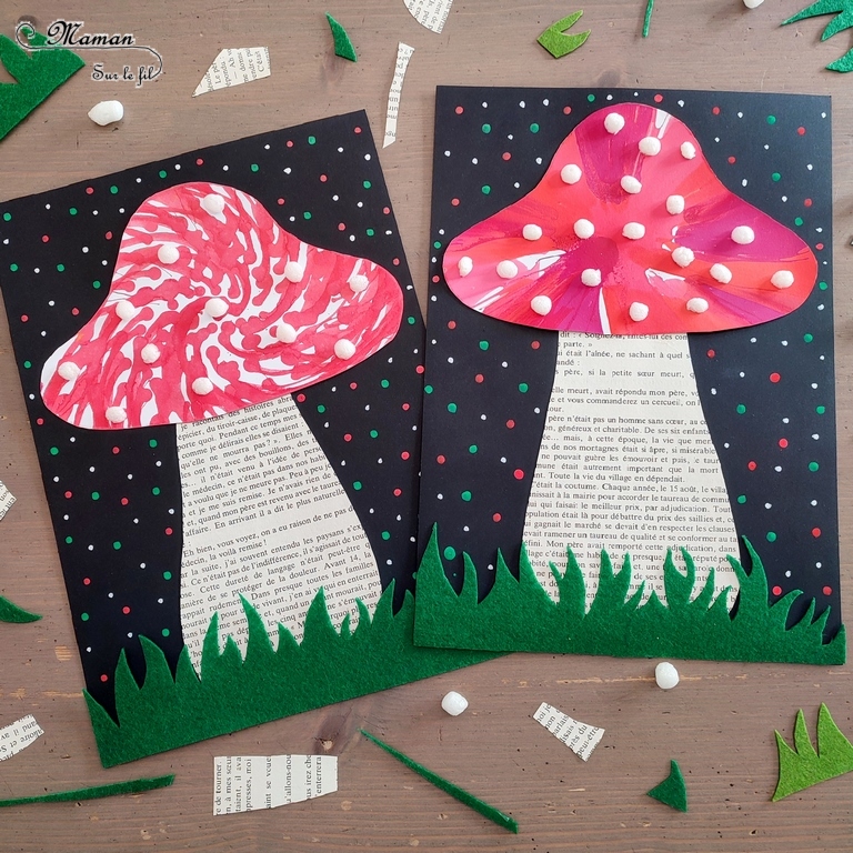 Activité créative et manuelle enfants - Champignons avec essoreuse à salade (encre et peinture) - Pied en pages de livre - Herbe en feutrine - Playmais flocons de mais - Découpage, collage, graphisme, points - Inspiration DIY - Bricolage facile pour l'automne - Décoration - Alimentation et forêt - Créativité - arts visuels et atelier maternelle et élémentaire - Cycle 1 ou 2 - mslf