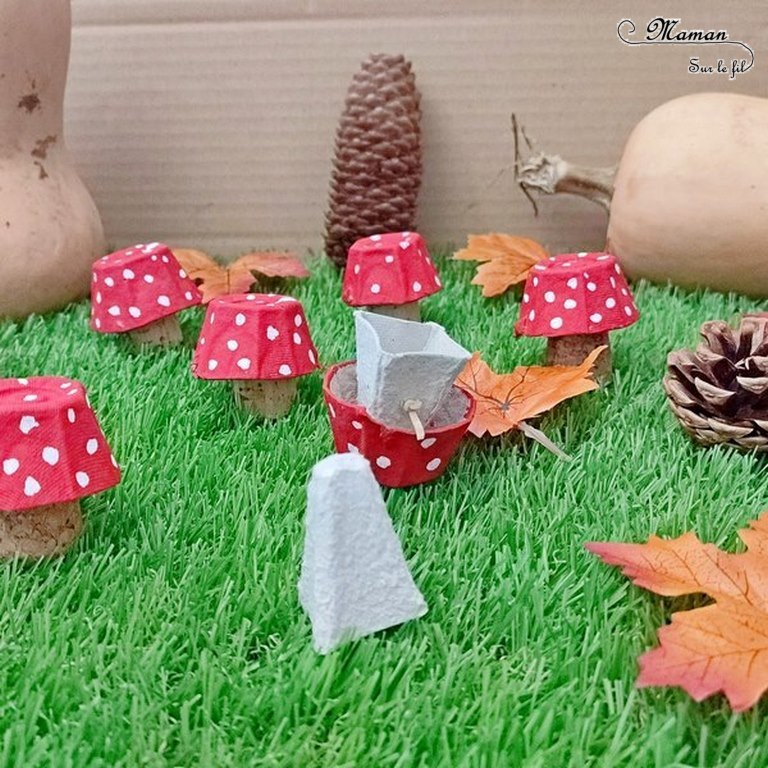 Activité créative et manuelle enfants - Champignons fabriqués avec une boite à oeufs - Champignon sautant rigolo - Peinture, graphisme, points, élastiques - qui saute - Forêt, végétaux, automne - Bricolage facile et ludique - Récup' et recyclage - Inspiration DIY Décoration - Alimentation - Créativité - arts visuels et atelier maternelle et élémentaire - Cycle 1 ou 2 - mslf