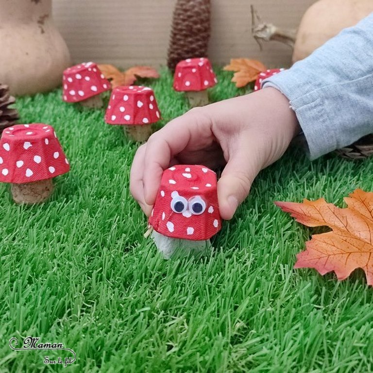 Activité créative et manuelle enfants - Champignons fabriqués avec une boite à oeufs - Champignon sautant rigolo - Peinture, graphisme, points, élastiques - qui saute - Forêt, végétaux, automne - Bricolage facile et ludique - Récup' et recyclage - Inspiration DIY Décoration - Alimentation - Créativité - arts visuels et atelier maternelle et élémentaire - Cycle 1 ou 2 - mslf