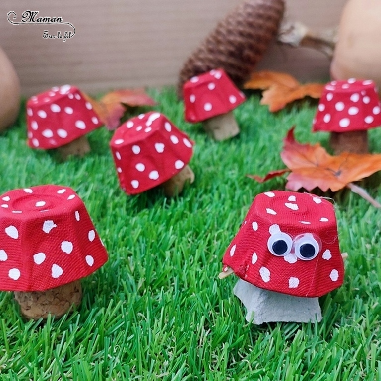 Activité créative et manuelle enfants - Champignons fabriqués avec une boite à oeufs - Champignon sautant rigolo - Peinture, graphisme, points, élastiques - qui saute - Forêt, végétaux, automne - Bricolage facile et ludique - Récup' et recyclage - Inspiration DIY Décoration - Alimentation - Créativité - arts visuels et atelier maternelle et élémentaire - Cycle 1 ou 2 - mslf