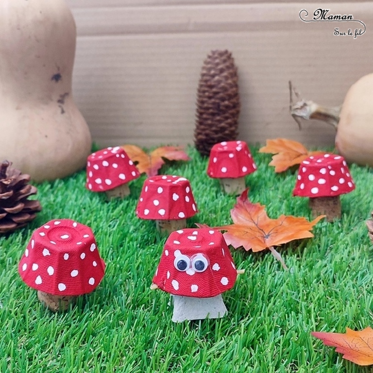 Activité créative et manuelle enfants - Champignons fabriqués avec une boite à oeufs - Champignon sautant rigolo - Peinture, graphisme, points, élastiques - qui saute - Forêt, végétaux, automne - Bricolage facile et ludique - Récup' et recyclage - Inspiration DIY Décoration - Alimentation - Créativité - arts visuels et atelier maternelle et élémentaire - Cycle 1 ou 2 - mslf