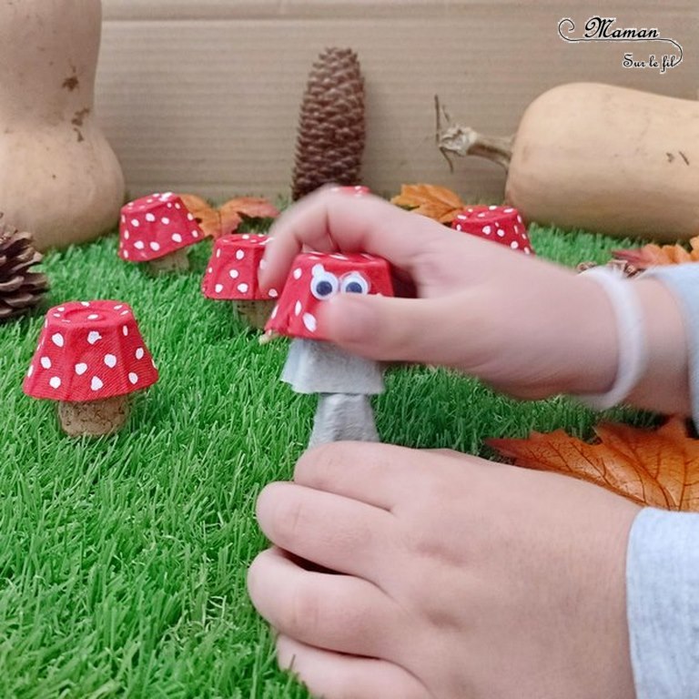 Activité créative et manuelle enfants - Champignons fabriqués avec une boite à oeufs - Champignon sautant rigolo - Peinture, graphisme, points, élastiques - qui saute - Forêt, végétaux, automne - Bricolage facile et ludique - Récup' et recyclage - Inspiration DIY Décoration - Alimentation - Créativité - arts visuels et atelier maternelle et élémentaire - Cycle 1 ou 2 - mslf