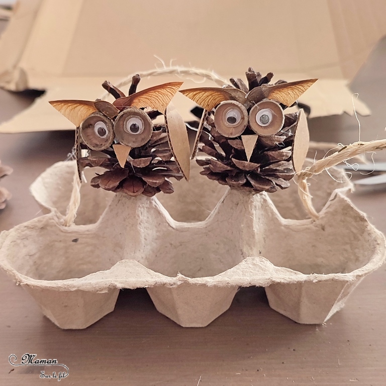 Activité créative et manuelle enfants - Fabriquer une mangeoire à oiseaux avec une boite à oeufs - Récup' - Bricolage DIY Fait maison pour automne - Décoration avec hiboux en pommes de pin - Land art - Nature - Animaux de la forêt - Décoration pour automne et forêt - Créer avec la nature - Inspiration DIY et Fait Maison - Bricolage facile pour l'automne - Décoration - Créativité - arts visuels et atelier maternelle et élémentaire - Cycle 1, 2 ou 3 - mslf