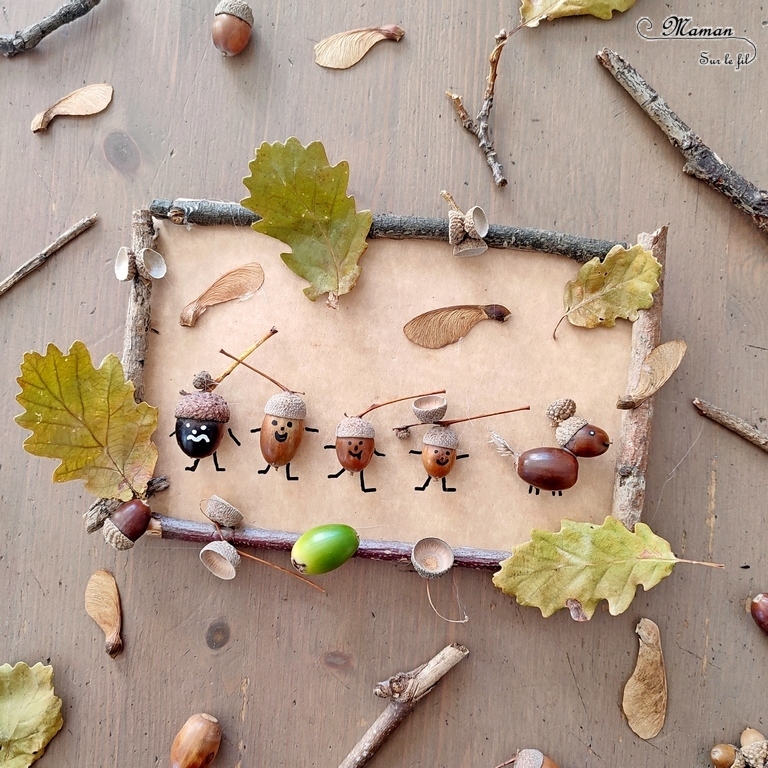 Activité créative et manuelle enfants - Fabriquer un tableau familial avec des glands - Famille : parents, enfants et chien en éléments de la nature - Collage avec branches, feuilles, glands - Automne et land art - Décoration pour automne et forêt - Land art - Créer avec la nature - Inspiration DIY et Fait Maison - Bricolage facile pour l'automne - Décoration - Forêt - Créativité - arts visuels et atelier maternelle et élémentaire - Cycle 1 ou 2 - mslf