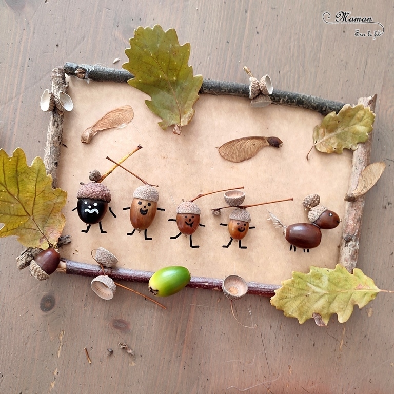 Activité créative et manuelle enfants - Fabriquer un tableau familial avec des glands - Famille : parents, enfants et chien en éléments de la nature - Collage avec branches, feuilles, glands - Automne et land art - Décoration pour automne et forêt - Land art - Créer avec la nature - Inspiration DIY et Fait Maison - Bricolage facile pour l'automne - Décoration - Forêt - Créativité - arts visuels et atelier maternelle et élémentaire - Cycle 1 ou 2 - mslf