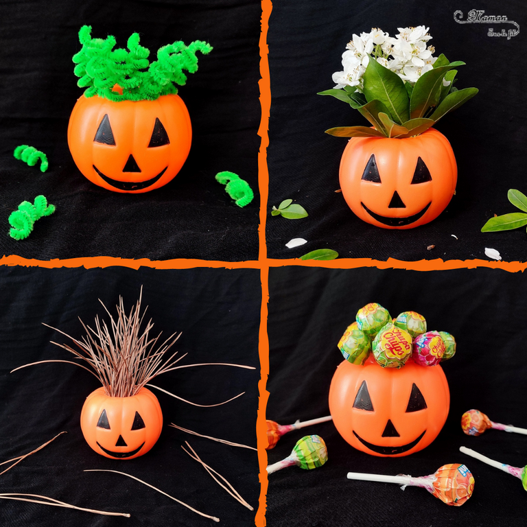 Activité créative et manuelle enfants - Inventer une coiffure à la citrouille Halloween- Invitation à créer et à jouer - Utilisation de loose parts créatifs, matériel et objets divers, éléments de la nature et du jardin, land art, bonbons - Rigolo et ludique - Motricité fine - Bricolage, peur et décoration pour Halloween - Recyclage, surcyclage - Créativité - arts visuels et atelier autonome créatif maternelle et élémentaire - Cycle 1, 2 ou 3 - mslf