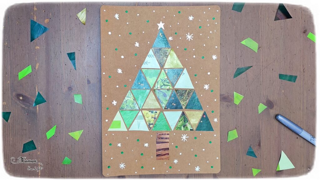 Activité créative et manuelle enfants - Fabriquer un sapin avec des triangles découpés dans des prospectus publicitaires - Récup' et Recyclage - Découpage collage Graphisme - Kraft - - Inspiration DIY - Végétaux et arbres - Noël et Hiver - Bricolage facile - Décoration - Créativité - arts visuels et atelier maternelle et élémentaire - Cycle 1 ou 2 - mslf