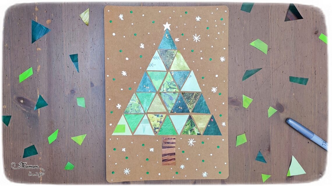 Activité créative et manuelle enfants - Fabriquer un sapin avec des triangles découpés dans des prospectus publicitaires - Récup' et Recyclage - Découpage collage Graphisme - Kraft - - Inspiration DIY - Végétaux et arbres - Noël et Hiver - Bricolage facile - Décoration - Créativité - arts visuels et atelier maternelle et élémentaire - Cycle 1 ou 2 - mslf