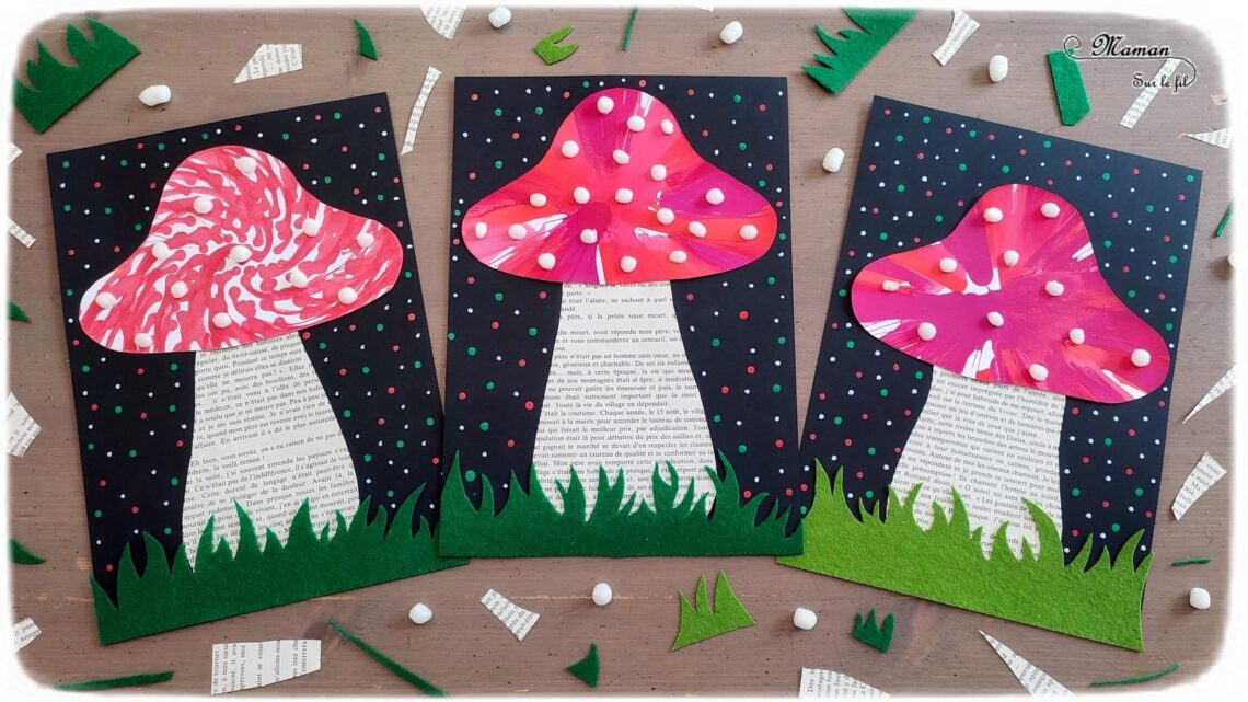 Activité créative et manuelle enfants - Champignons avec essoreuse à salade (encre et peinture) - Pied en pages de livre - Herbe en feutrine - Playmais flocons de mais - Découpage, collage, graphisme, points - Inspiration DIY - Bricolage facile pour l'automne - Décoration - Alimentation et forêt - Créativité - arts visuels et atelier maternelle et élémentaire - Cycle 1 ou 2 - mslf