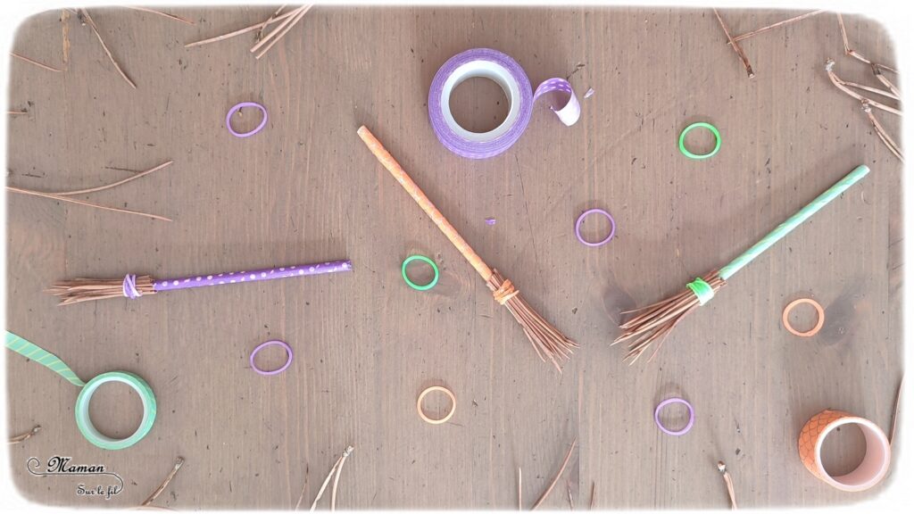 Activité créative et manuelle enfants - Fabriquer des petits balais de sorcière en récup' et éléments de la nature - épines de pin, élastiques, bâtonnets en bois et masking-tape en récup' - Motricité fine - Bricolage, peur et décoration pour Halloween - Recyclage, surcyclage - Créativité - arts visuels et atelier maternelle et élémentaire - Cycle 1, 2 ou 3 - mslf