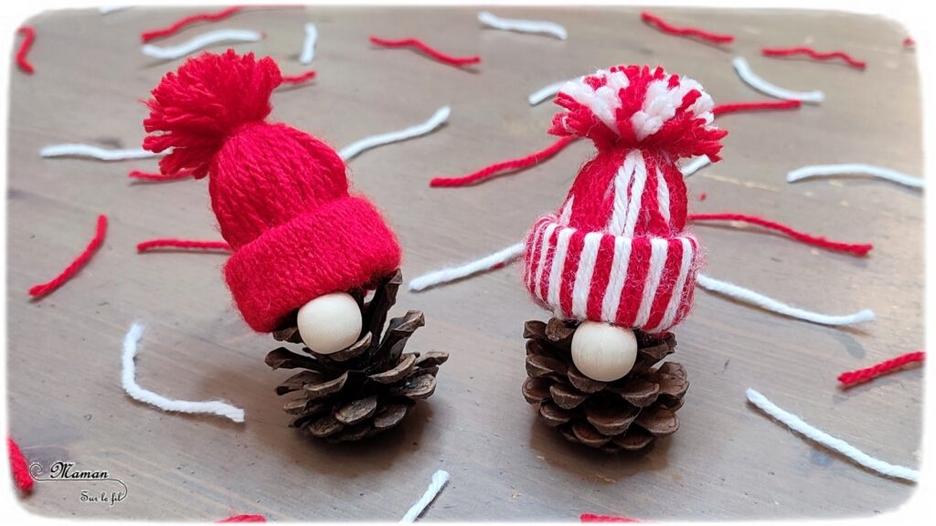 Activité créative et manuelle enfants - Fabriquer des petits gnomes de Noël - Bricolage et décoration DIY - Bonnets Hiver en laine tissée et récup' de rouleaux de papier toilettes - PQ - Lutins avec une pomme de pin et une perle en bois - Recyclage, Nature et Land Art - Fait Maison - Inspiration DIY - Créativité - arts visuels et atelier maternelle et élémentaire - Cycle 1 ou 2 - Hiver et Noël - mslf