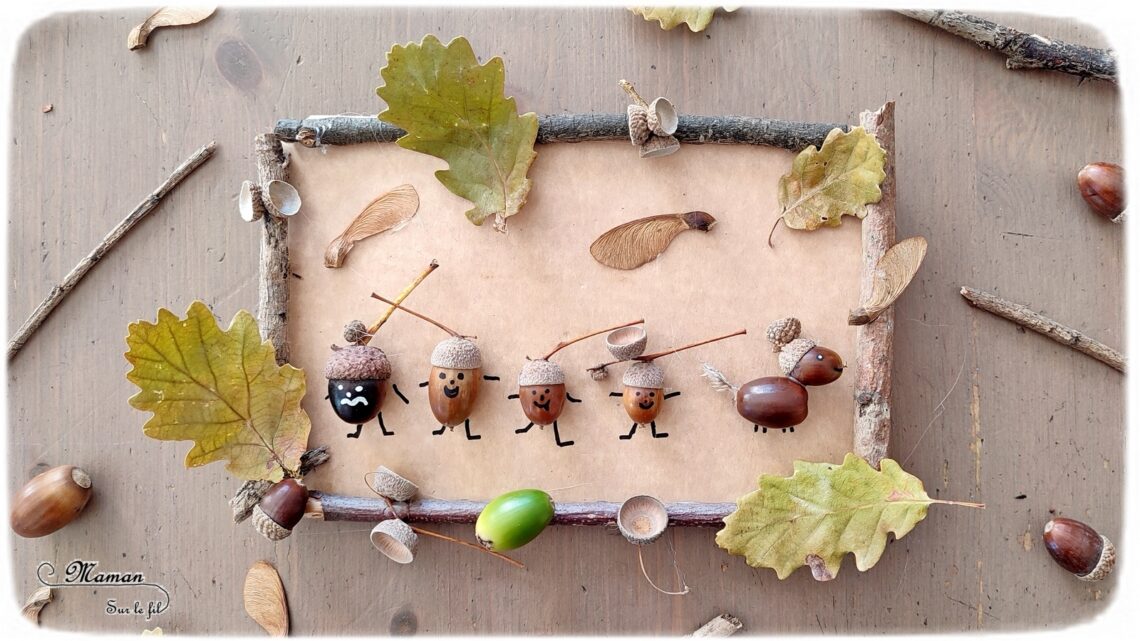 Activité créative et manuelle enfants - Fabriquer un tableau familial avec des glands - Famille : parents, enfants et chien en éléments de la nature - Collage avec branches, feuilles, glands - Automne et land art - Décoration pour automne et forêt - Land art - Créer avec la nature - Inspiration DIY et Fait Maison - Bricolage facile pour l'automne - Décoration - Forêt - Créativité - arts visuels et atelier maternelle et élémentaire - Cycle 1 ou 2 - mslf