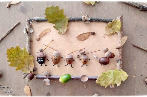 Activité créative et manuelle enfants - Fabriquer un tableau familial avec des glands - Famille : parents, enfants et chien en éléments de la nature - Collage avec branches, feuilles, glands - Automne et land art - Décoration pour automne et forêt - Land art - Créer avec la nature - Inspiration DIY et Fait Maison - Bricolage facile pour l'automne - Décoration - Forêt - Créativité - arts visuels et atelier maternelle et élémentaire - Cycle 1 ou 2 - mslf