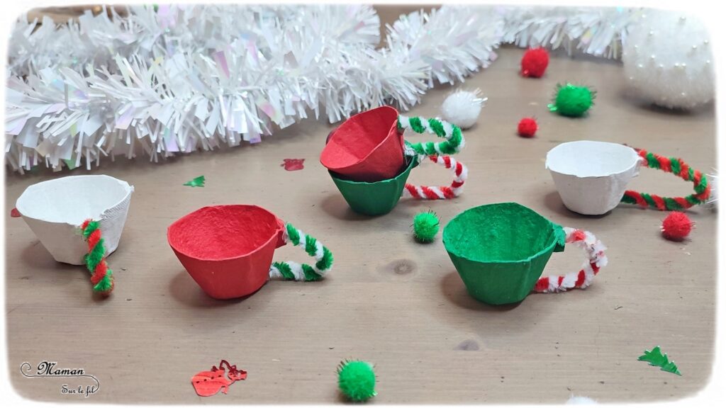 Activité créative et manuelle enfants - Fabriquer un service de thé des lutins de Noël - Peinture, bricolage et Récup' - Boite à oeufs et fils chenille - Tasses à café - Couleurs de Noël - Jeu DIY - Fait Maison - Dinette - Possible en décoration - Recyclage - Inspiration DIY - Créativité - arts visuels et atelier maternelle et élémentaire - Cycle 1 ou 2 - Hiver et Noël - mslf