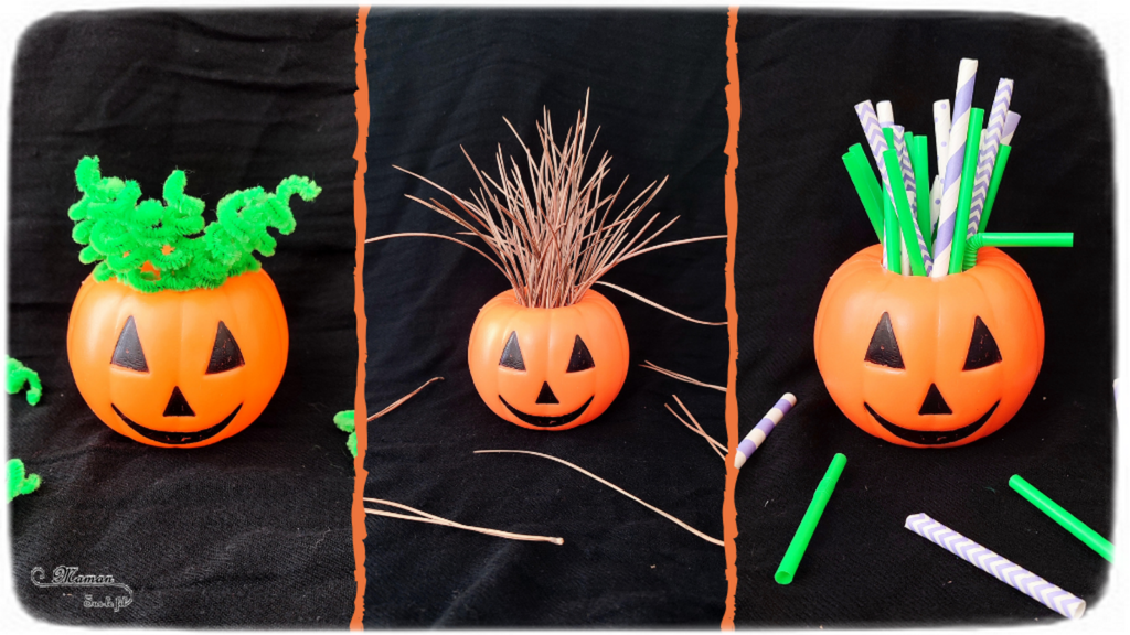 Activité créative et manuelle enfants - Inventer une coiffure à la citrouille Halloween- Invitation à créer et à jouer - Utilisation de loose parts créatifs, matériel et objets divers, éléments de la nature et du jardin, land art, bonbons - Rigolo et ludique - Motricité fine - Bricolage, peur et décoration pour Halloween - Recyclage, surcyclage - Créativité - arts visuels et atelier autonome créatif maternelle et élémentaire - Cycle 1, 2 ou 3 - mslf