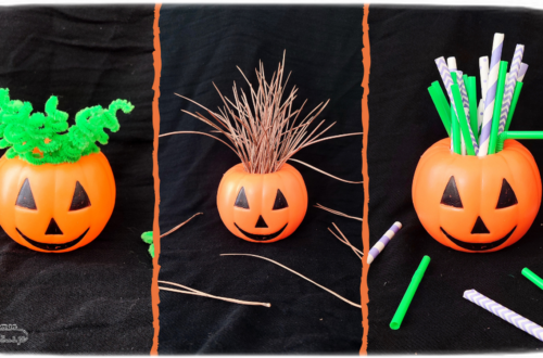 Activité créative et manuelle enfants - Inventer une coiffure à la citrouille Halloween- Invitation à créer et à jouer - Utilisation de loose parts créatifs, matériel et objets divers, éléments de la nature et du jardin, land art, bonbons - Rigolo et ludique - Motricité fine - Bricolage, peur et décoration pour Halloween - Recyclage, surcyclage - Créativité - arts visuels et atelier autonome créatif maternelle et élémentaire - Cycle 1, 2 ou 3 - mslf