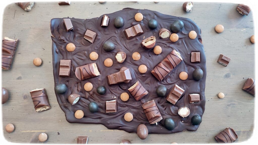 Cuisine ludique - Tablette maison tout chocolat - DIY Fait maison - Chocolate Bark décorée avec barres chocolatées, billes, gâteaux, bonbons type smarties et m&m's marrons - Kinder - Activité créative et manuelle enfants - Faire sa propre plaque de chocolat - Marbrée - Goûter rigolo ou anniversaire - Cadeaux de fin d'année - Créativité - arts visuels et atelier maternelle et élémentaire - Cycle 1, 2 ou 3 - mslf