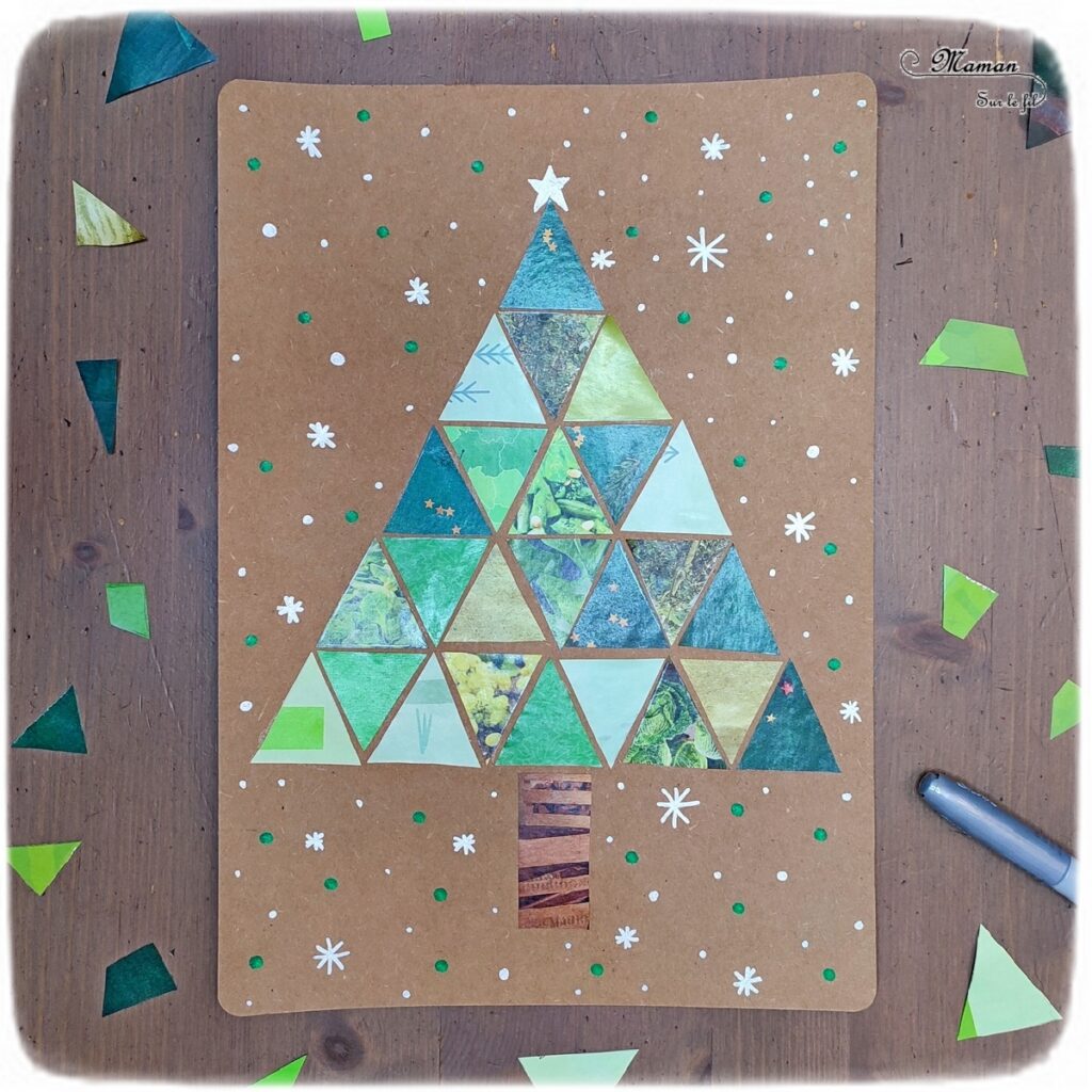 Activité créative et manuelle enfants - Fabriquer un sapin avec des triangles découpés dans des prospectus publicitaires - Récup' et Recyclage - Découpage collage Graphisme - Kraft - - Inspiration DIY - Végétaux et arbres - Noël et Hiver - Bricolage facile - Décoration - Créativité - arts visuels et atelier maternelle et élémentaire - Cycle 1 ou 2 - mslf