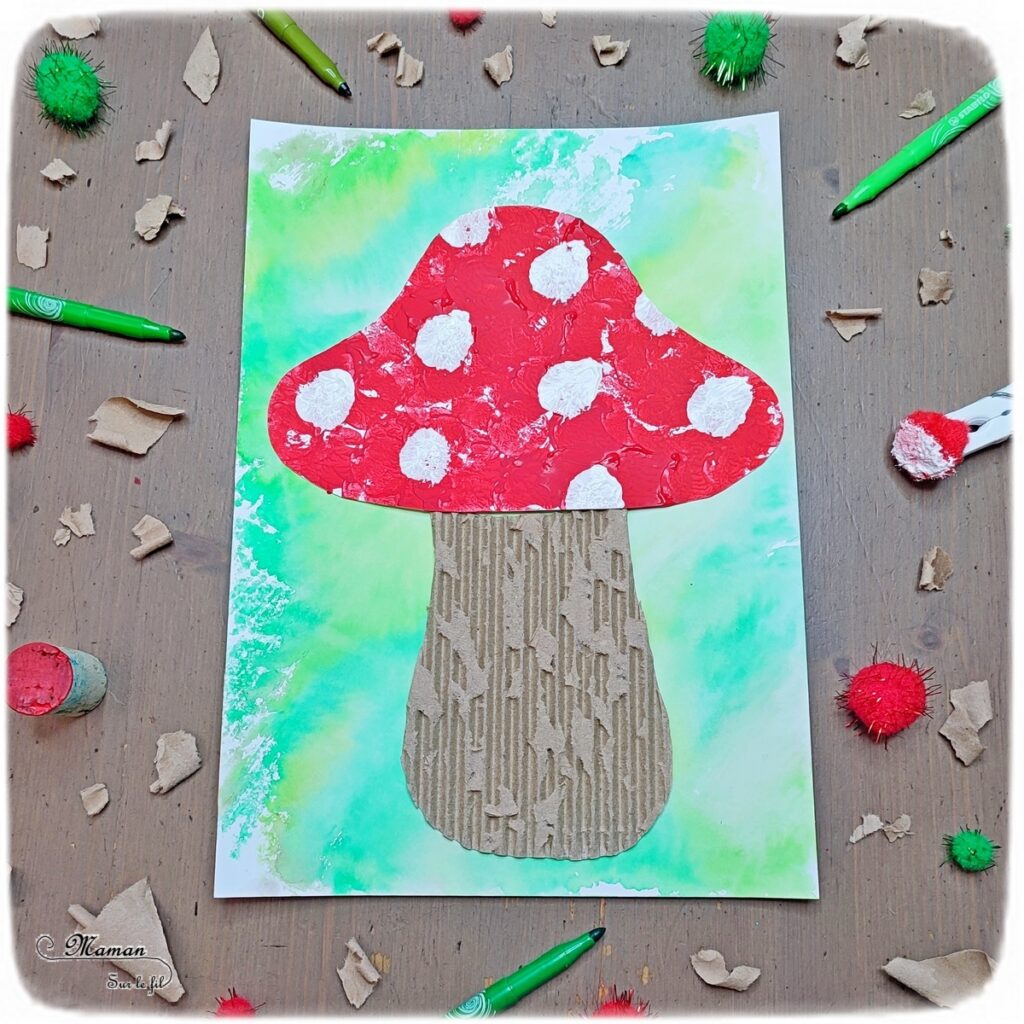 Activité créative et manuelle enfants - Champignon en peinture au bouchon et au pompon - Carton ondulé déchiré - Fond au papier aluminium, feutres et eau - Découpage, collage - Inspiration DIY - Bricolage facile pour l'automne - Décoration - Alimentation et forêt - Créativité - arts visuels et atelier maternelle et élémentaire - Cycle 1 ou 2 - mslf