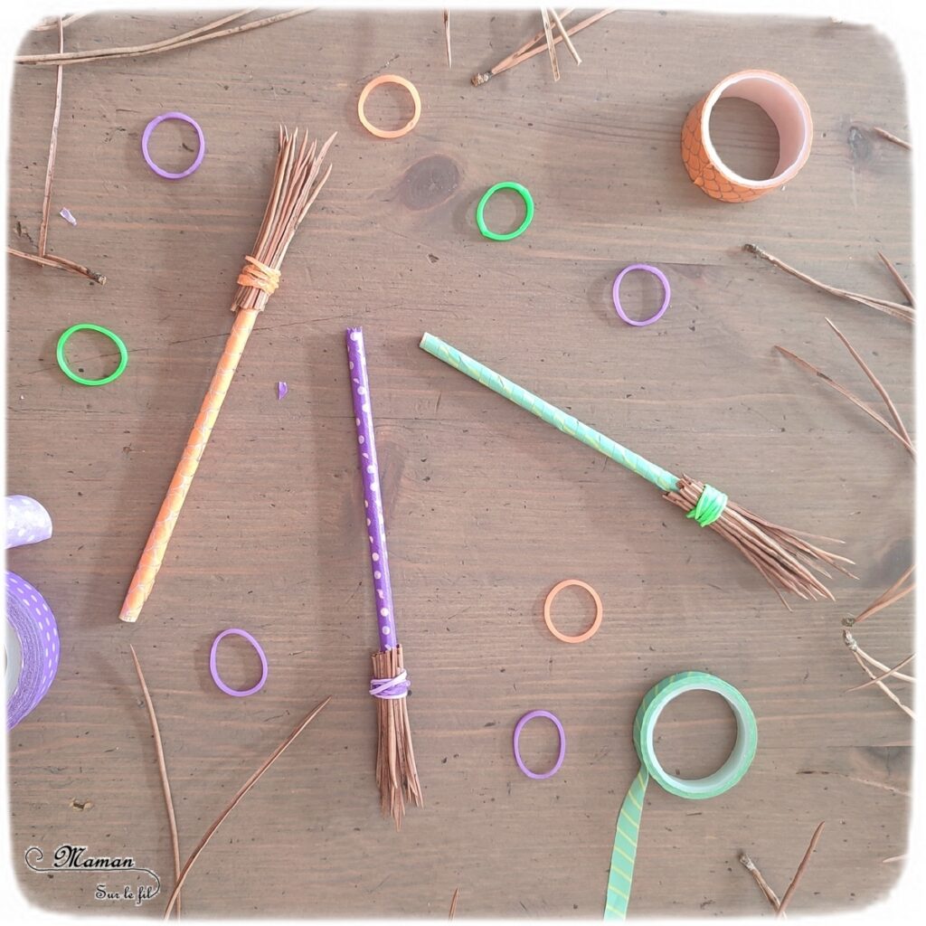 Activité créative et manuelle enfants - Fabriquer des petits balais de sorcière en récup' et éléments de la nature - épines de pin, élastiques, bâtonnets en bois et masking-tape en récup' - Motricité fine - Bricolage, peur et décoration pour Halloween - Recyclage, surcyclage - Créativité - arts visuels et atelier maternelle et élémentaire - Cycle 1, 2 ou 3 - mslf