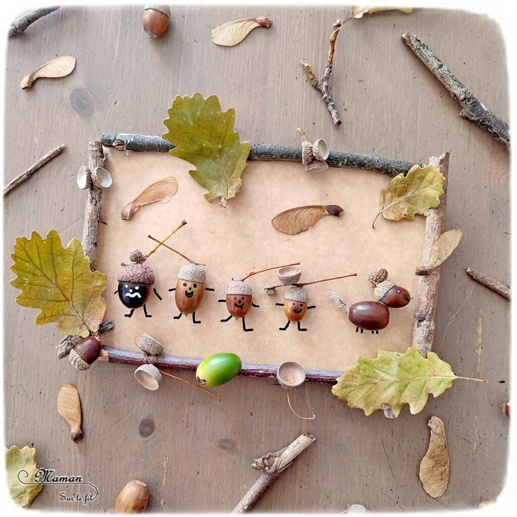 Activité créative et manuelle enfants - Fabriquer un tableau familial avec des glands - Famille : parents, enfants et chien en éléments de la nature - Collage avec branches, feuilles, glands - Automne et land art - Décoration pour automne et forêt - Land art - Créer avec la nature - Inspiration DIY et Fait Maison - Bricolage facile pour l'automne - Décoration - Forêt - Créativité - arts visuels et atelier maternelle et élémentaire - Cycle 1 ou 2 - mslf