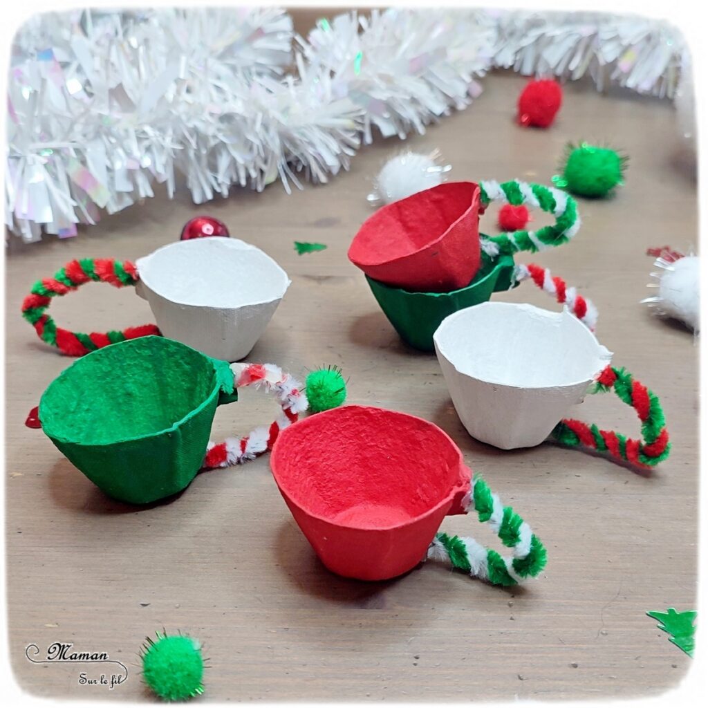 Activité créative et manuelle enfants - Fabriquer un service de thé des lutins de Noël - Peinture, bricolage et Récup' - Boite à oeufs et fils chenille - Tasses à café - Couleurs de Noël - Jeu DIY - Fait Maison - Dinette - Possible en décoration - Recyclage - Inspiration DIY - Créativité - arts visuels et atelier maternelle et élémentaire - Cycle 1 ou 2 - Hiver et Noël - mslf