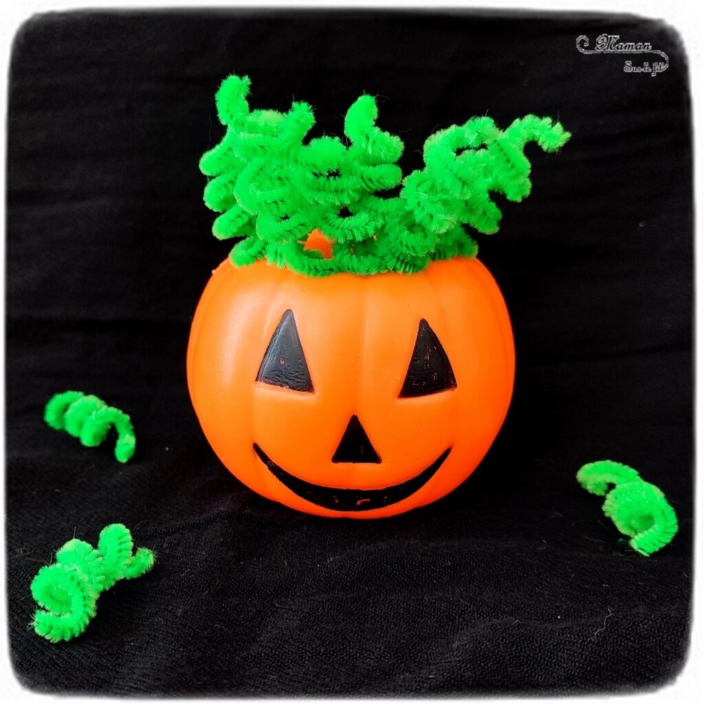 Activité créative et manuelle enfants - Inventer une coiffure à la citrouille Halloween- Invitation à créer et à jouer - Utilisation de loose parts créatifs, matériel et objets divers, éléments de la nature et du jardin, land art, bonbons - Rigolo et ludique - Motricité fine - Bricolage, peur et décoration pour Halloween - Recyclage, surcyclage - Créativité - arts visuels et atelier autonome créatif maternelle et élémentaire - Cycle 1, 2 ou 3 - mslf