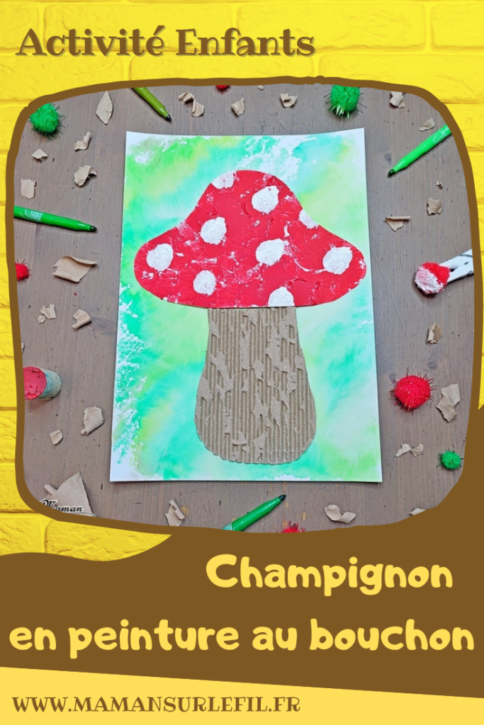 Activité créative et manuelle enfants - Champignon en peinture au bouchon et au pompon - Carton ondulé déchiré - Fond au papier aluminium, feutres et eau - Découpage, collage - Inspiration DIY - Bricolage facile pour l'automne - Décoration - Alimentation et forêt - Créativité - arts visuels et atelier maternelle et élémentaire - Cycle 1 ou 2 - mslf