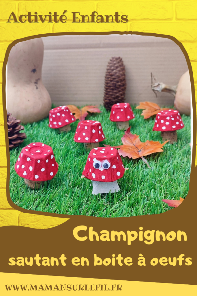 Activité créative et manuelle enfants - Champignons fabriqués avec une boite à oeufs - Champignon sautant rigolo - Peinture, graphisme, points, élastiques - qui saute - Forêt, végétaux, automne - Bricolage facile et ludique - Récup' et recyclage - Inspiration DIY Décoration - Alimentation - Créativité - arts visuels et atelier maternelle et élémentaire - Cycle 1 ou 2 - mslf