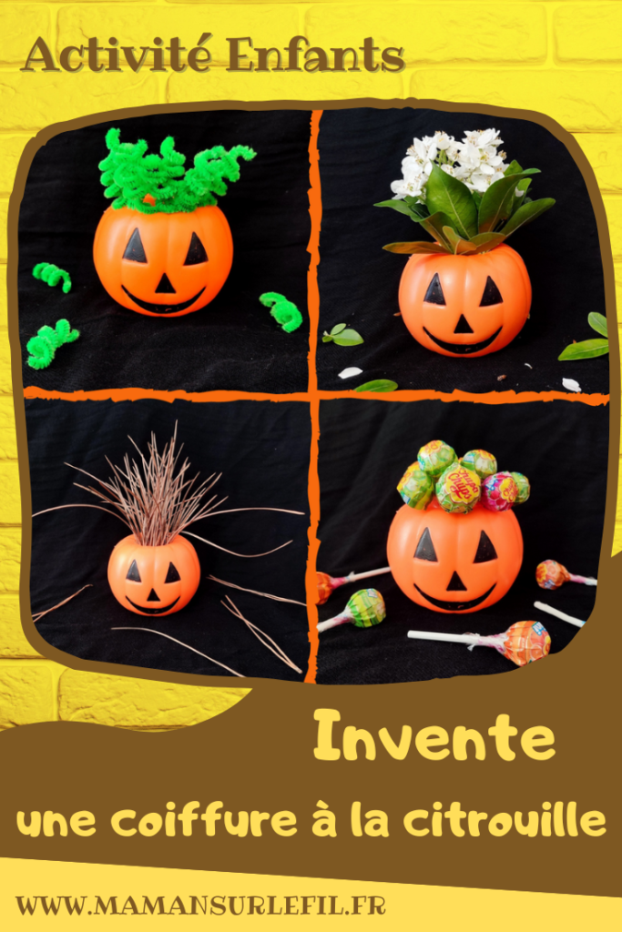 Activité créative et manuelle enfants - Inventer une coiffure à la citrouille Halloween- Invitation à créer et à jouer - Utilisation de loose parts créatifs, matériel et objets divers, éléments de la nature et du jardin, land art, bonbons - Rigolo et ludique - Motricité fine - Bricolage, peur et décoration pour Halloween - Recyclage, surcyclage - Créativité - arts visuels et atelier autonome créatif maternelle et élémentaire - Cycle 1, 2 ou 3 - mslf