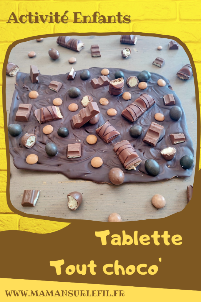 Cuisine ludique - Tablette maison tout chocolat - DIY Fait maison - Chocolate Bark décorée avec barres chocolatées, billes, gâteaux, bonbons type smarties et m&m's marrons - Kinder - Activité créative et manuelle enfants - Faire sa propre plaque de chocolat - Marbrée - Goûter rigolo ou anniversaire - Cadeaux de fin d'année - Créativité - arts visuels et atelier maternelle et élémentaire - Cycle 1, 2 ou 3 - mslf