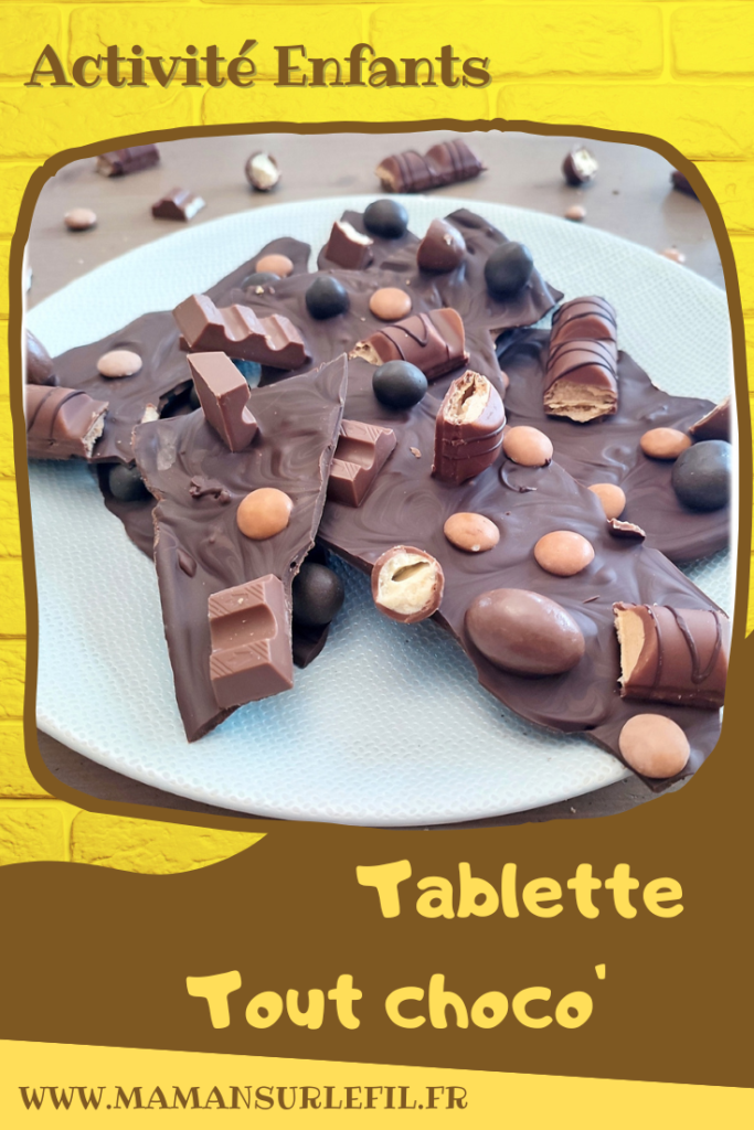 Cuisine ludique - Tablette maison tout chocolat - DIY Fait maison - Chocolate Bark décorée avec barres chocolatées, billes, gâteaux, bonbons type smarties et m&m's marrons - Kinder - Activité créative et manuelle enfants - Faire sa propre plaque de chocolat - Marbrée - Goûter rigolo ou anniversaire - Cadeaux de fin d'année - Créativité - arts visuels et atelier maternelle et élémentaire - Cycle 1, 2 ou 3 - mslf