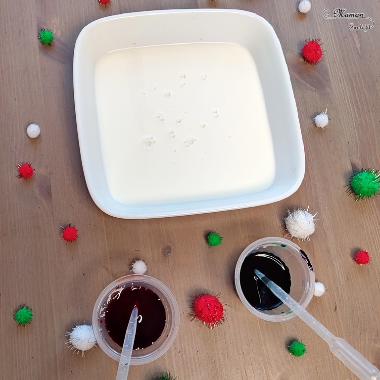 Expérience facile pour enfants - Lait magique aux couleurs de Noël - Activités scientifiques - Joli et magique - Peu de matériel - Lait et colorants alimentaires ou encre, paillettes - Sciences maternelle et élémentaire - Cycle 1, 2 ou 3 - mslf