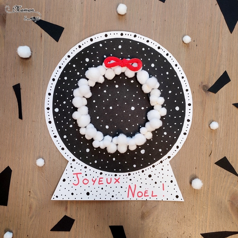 Activité créative et manuelle enfants -Cartes de voeux - Boule à neige et couronne de Noël blanche - Papier noir et blanc - Pompons blancs - Noeud en élastiques rouges - Carte tout en rondeur - Graphisme et Points - Cercles et collage - Cartes de voeux DIY - Joyeux noël - fêtes de fin d'année, hiver - Inspiration DIY pour carte de voeux ou de fin d'année - Noël et Hiver - Créativité - arts visuels et atelier maternelle et élémentaire - Cycle 1 ou 2 - mslf