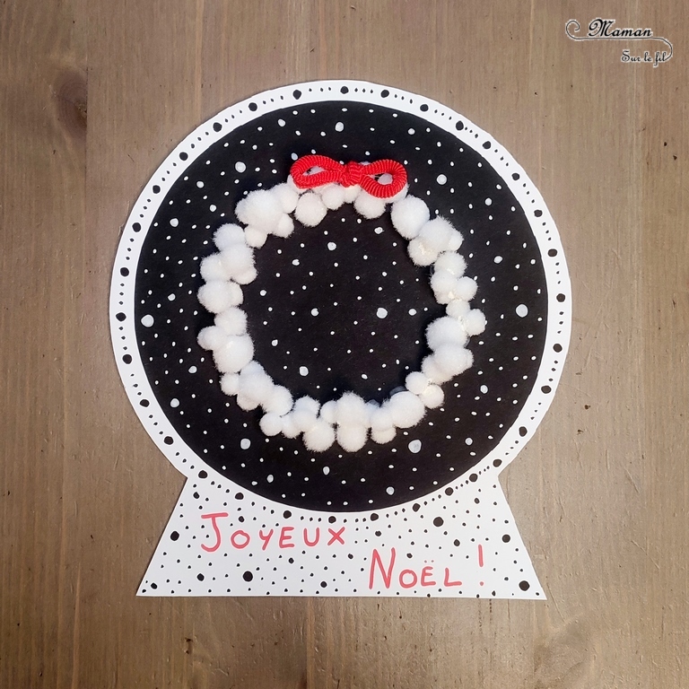 Activité créative et manuelle enfants -Cartes de voeux - Boule à neige et couronne de Noël blanche - Papier noir et blanc - Pompons blancs - Noeud en élastiques rouges - Carte tout en rondeur - Graphisme et Points - Cercles et collage - Cartes de voeux DIY - Joyeux noël - fêtes de fin d'année, hiver - Inspiration DIY pour carte de voeux ou de fin d'année - Noël et Hiver - Créativité - arts visuels et atelier maternelle et élémentaire - Cycle 1 ou 2 - mslf