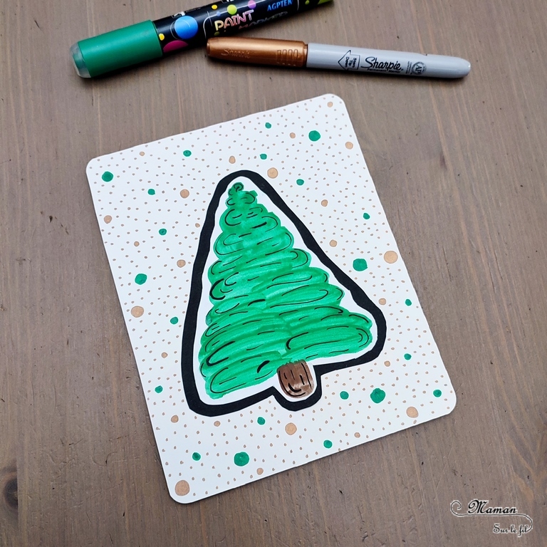 Activité créative et manuelle enfants - Fabriquer des cartes de voeux Sapins en peinture type aquarelle et traits noirs - Dessin des contours, mise en relief - Graphisme - Découpage, collage - Joyeux noël - fêtes de fin d'année, hiver - Noir et blanc - Inspiration DIY pour carte de voeux ou de fin d'année - Végétaux et arbres - Noël et Hiver - Bricolage facile - Décoration - Créativité - arts visuels et atelier maternelle et élémentaire - Cycle 1 ou 2 - mslf