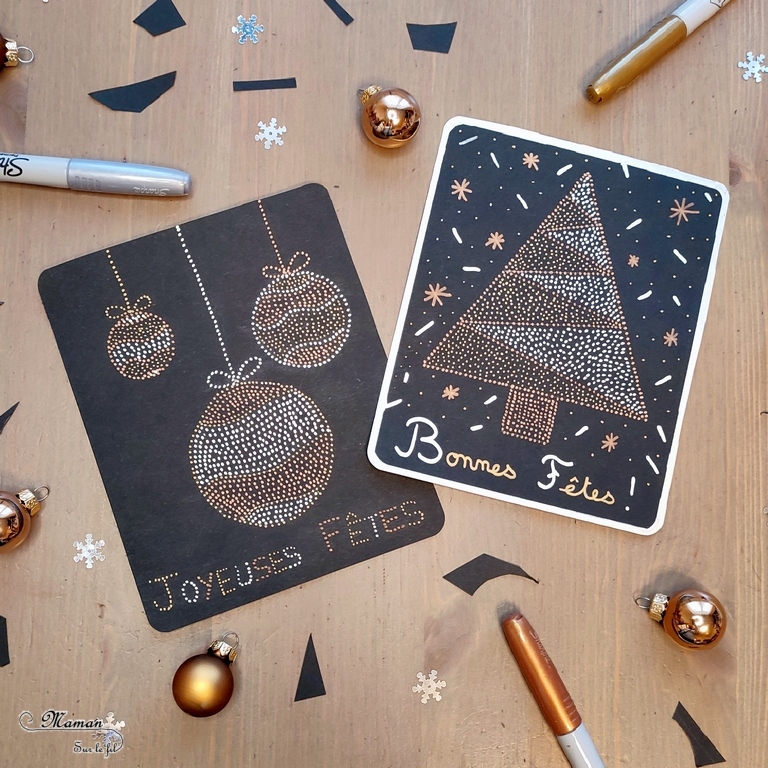 Activité créative et manuelle enfants -Cartes de voeux en pointillisme - Sapin et Boules de Noël en petits points - Marqueurs métalliques - Cartes de voeux DIY - Art thérapie et relaxation - Noir, doré et argent - Graphisme et cadre - - Joyeux noël - fêtes de fin d'année, hiver - Inspiration DIY pour carte de voeux ou de fin d'année - Végétaux et arbres - Noël et Hiver - Créativité - arts visuels et atelier maternelle et élémentaire - Cycle 1 ou 2 - mslf