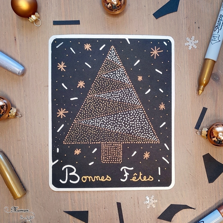 Activité créative et manuelle enfants -Cartes de voeux en pointillisme - Sapin et Boules de Noël en petits points - Marqueurs métalliques - Cartes de voeux DIY - Art thérapie et relaxation - Noir, doré et argent - Graphisme et cadre - - Joyeux noël - fêtes de fin d'année, hiver - Inspiration DIY pour carte de voeux ou de fin d'année - Végétaux et arbres - Noël et Hiver - Créativité - arts visuels et atelier maternelle et élémentaire - Cycle 1 ou 2 - mslf