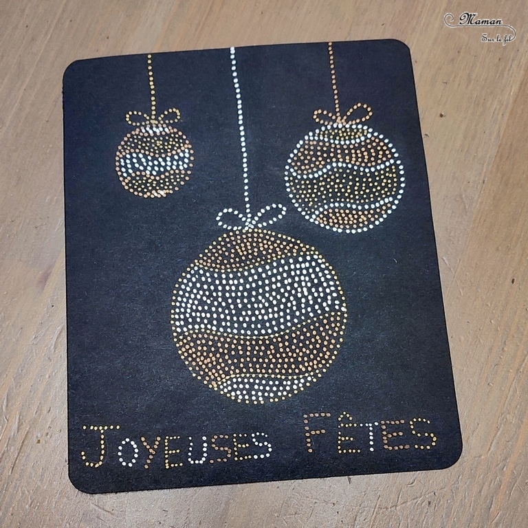 Activité créative et manuelle enfants -Cartes de voeux en pointillisme - Sapin et Boules de Noël en petits points - Marqueurs métalliques - Cartes de voeux DIY - Art thérapie et relaxation - Noir, doré et argent - Graphisme et cadre - - Joyeux noël - fêtes de fin d'année, hiver - Inspiration DIY pour carte de voeux ou de fin d'année - Végétaux et arbres - Noël et Hiver - Créativité - arts visuels et atelier maternelle et élémentaire - Cycle 1 ou 2 - mslf