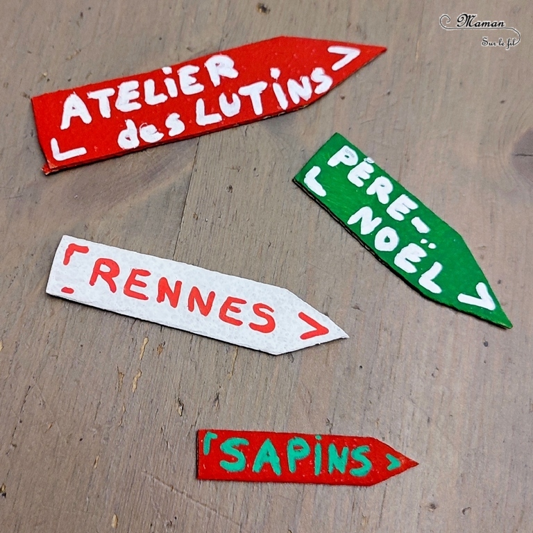 Activité créative et manuelle enfants - Fabriquer des panneaux de Noël DIY - Bricolage en récup' Fait maison - Signalisation de Laponie : maison du Père Noël, atelier des lutins, écurie des rennes, vente de sapins - Décoration de table ou de salon pour Noël et Fêtes de fin d'année - recyclage bois, nature, vieux meuble et carton - Peinture et dessin - Fausse neige - Inspiration DIY pour décorations de Noël - Bricolage facile - Décoration - Créativité - arts visuels et atelier maternelle et élémentaire - Cycle 1 ou 2 - mslf