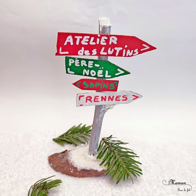 Activité créative et manuelle enfants - Fabriquer des panneaux de Noël DIY - Bricolage en récup' Fait maison - Signalisation de Laponie : maison du Père Noël, atelier des lutins, écurie des rennes, vente de sapins - Décoration de table ou de salon pour Noël et Fêtes de fin d'année - recyclage bois, nature, vieux meuble et carton - Peinture et dessin - Fausse neige - Inspiration DIY pour décorations de Noël - Bricolage facile - Décoration - Créativité - arts visuels et atelier maternelle et élémentaire - Cycle 1 ou 2 - mslf