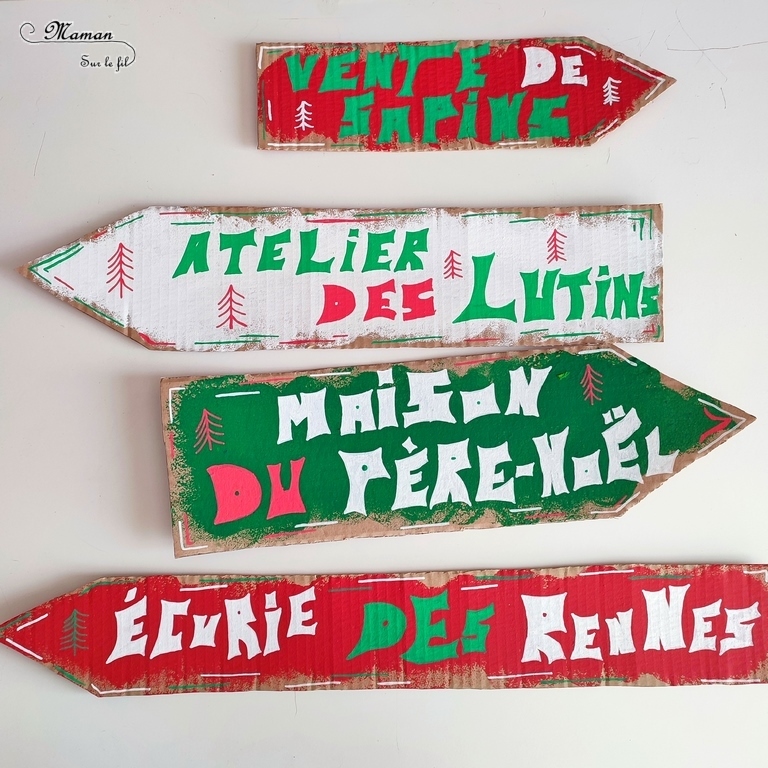 Activité créative et manuelle enfants - Fabriquer des panneaux de Noël DIY - Bricolage en récup' Fait maison - Signalisation de Laponie : maison du Père Noël, atelier des lutins, écurie des rennes, vente de sapins - Décoration de table ou de salon pour Noël et Fêtes de fin d'année - recyclage bois, nature, vieux meuble et carton - Peinture et dessin - Fausse neige - Inspiration DIY pour décorations de Noël - Bricolage facile - Décoration - Créativité - arts visuels et atelier maternelle et élémentaire - Cycle 1 ou 2 - mslf