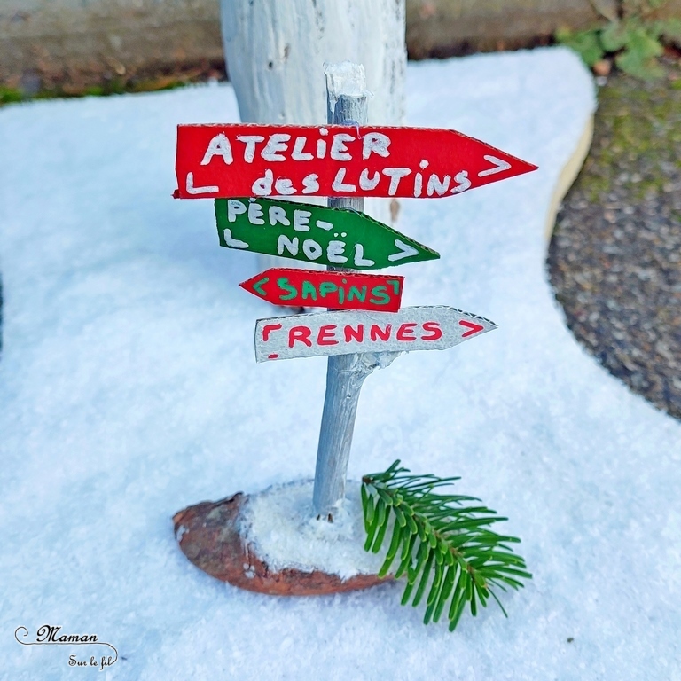 Activité créative et manuelle enfants - Fabriquer des panneaux de Noël DIY - Bricolage en récup' Fait maison - Signalisation de Laponie : maison du Père Noël, atelier des lutins, écurie des rennes, vente de sapins - Décoration de table ou de salon pour Noël et Fêtes de fin d'année - recyclage bois, nature, vieux meuble et carton - Peinture et dessin - Fausse neige - Inspiration DIY pour décorations de Noël - Bricolage facile - Décoration - Créativité - arts visuels et atelier maternelle et élémentaire - Cycle 1 ou 2 - mslf