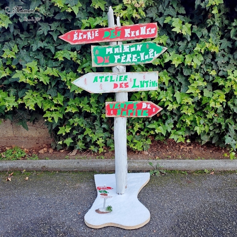 Activité créative et manuelle enfants - Fabriquer des panneaux de Noël DIY - Bricolage en récup' Fait maison - Signalisation de Laponie : maison du Père Noël, atelier des lutins, écurie des rennes, vente de sapins - Décoration de table ou de salon pour Noël et Fêtes de fin d'année - recyclage bois, nature, vieux meuble et carton - Peinture et dessin - Fausse neige - Inspiration DIY pour décorations de Noël - Bricolage facile - Décoration - Créativité - arts visuels et atelier maternelle et élémentaire - Cycle 1 ou 2 - mslf