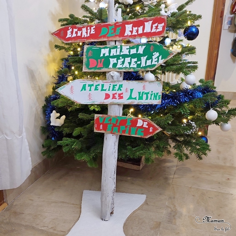 Activité créative et manuelle enfants - Fabriquer des panneaux de Noël DIY - Bricolage en récup' Fait maison - Signalisation de Laponie : maison du Père Noël, atelier des lutins, écurie des rennes, vente de sapins - Décoration de table ou de salon pour Noël et Fêtes de fin d'année - recyclage bois, nature, vieux meuble et carton - Peinture et dessin - Fausse neige - Inspiration DIY pour décorations de Noël - Bricolage facile - Décoration - Créativité - arts visuels et atelier maternelle et élémentaire - Cycle 1 ou 2 - mslf