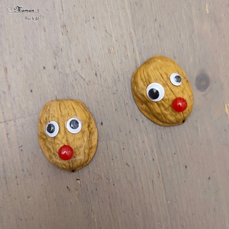 Activité créative et manuelle enfants -Fabriquer des rennes de Noël avec des coquilles de noix, des fils chenille et des perles - Rodolphe avec des bois décorés - Carte de voeux DIY, suspensions pour le sapin ou décoration de Noël - Graphisme - Motricité fine - Joyeux noël - fêtes de fin d'année, hiver - Inspiration DIY pour carte de voeux ou de fin d'année - Animaux du froid - Noël et Hiver - Bricolage facile - Décoration - Créativité - arts visuels et atelier maternelle et élémentaire - Cycle 1 ou 2 - mslf