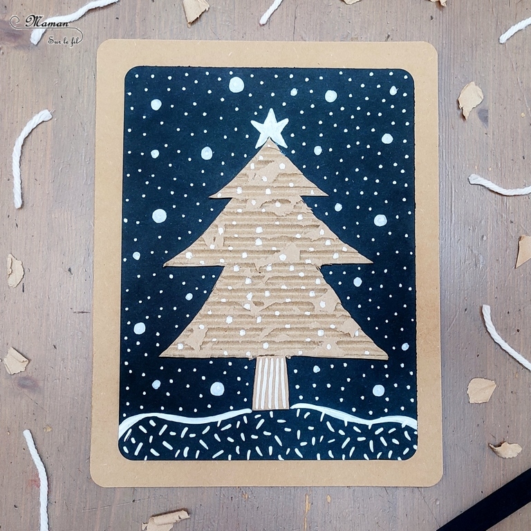 Activité créative et manuelle enfants - Fabriquer un sapin avec du carton ondulé déchiré - Récup' et Recyclage - Découpage collage Graphisme et motricité fine - Carton, noir et blanc - Inspiration DIY pour carte de voeux ou de fin d'année - Végétaux et arbres - Noël et Hiver - Bricolage facile - Décoration - Créativité - arts visuels et atelier maternelle et élémentaire - Cycle 1 ou 2 - mslf