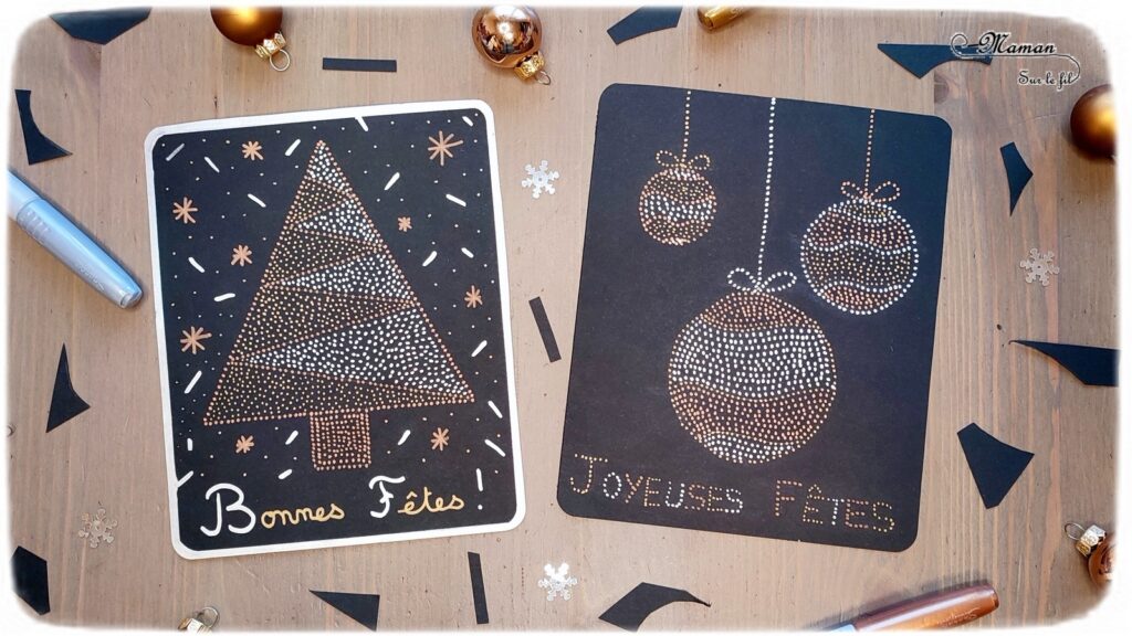 Activité créative et manuelle enfants -Cartes de voeux en pointillisme - Sapin et Boules de Noël en petits points - Marqueurs métalliques - Cartes de voeux DIY - Art thérapie et relaxation - Noir, doré et argent - Graphisme et cadre - - Joyeux noël - fêtes de fin d'année, hiver - Inspiration DIY pour carte de voeux ou de fin d'année - Végétaux et arbres - Noël et Hiver - Créativité - arts visuels et atelier maternelle et élémentaire - Cycle 1 ou 2 - mslf